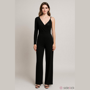 Lulus Elegant Black One-Shoulder Jumpsuit with sequins.